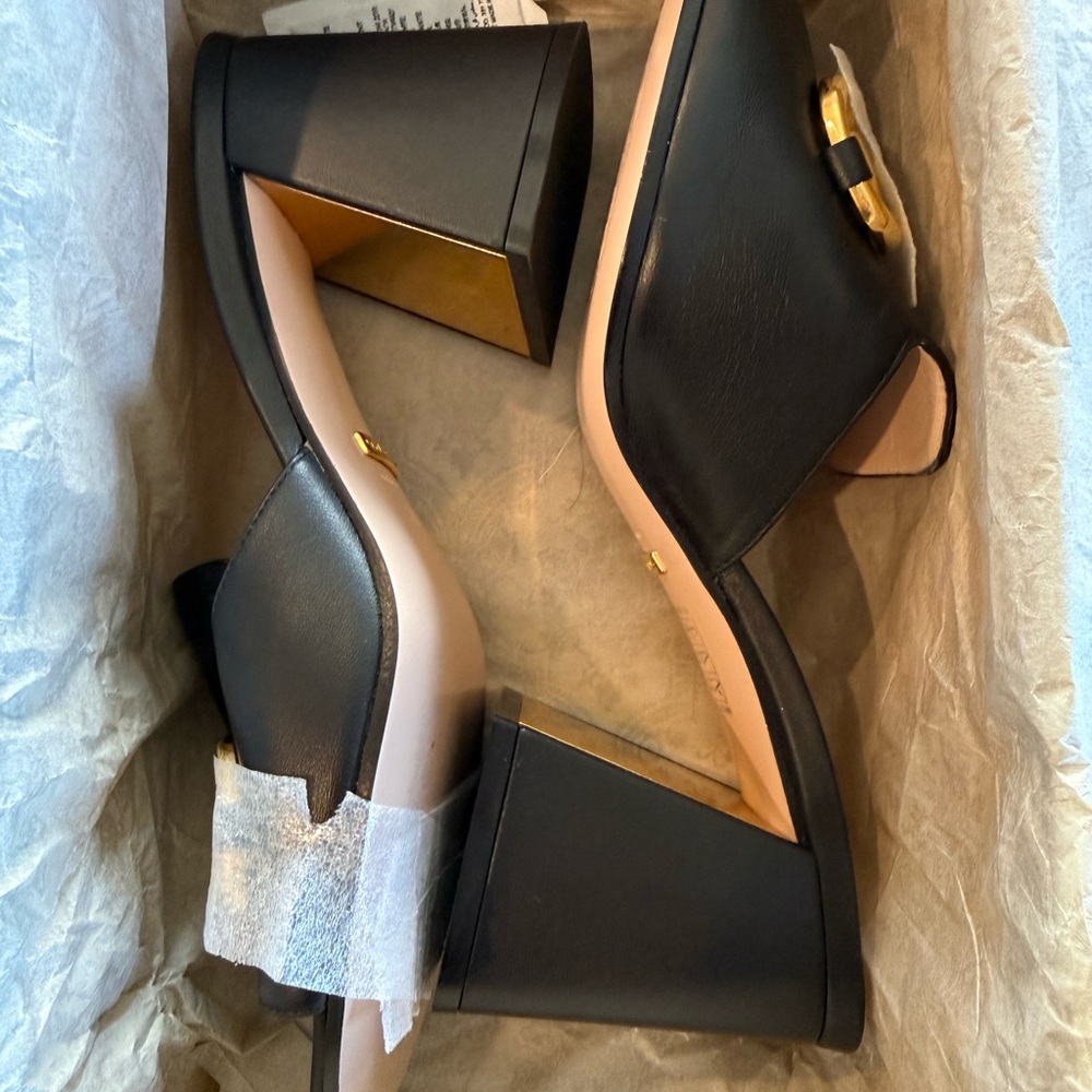 New 👡Gucci Block Heel Mule Sandal - Nero Black & Gold Leather, 7.5 - Picture 4 of 12